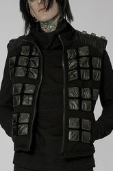 Black Punk High Collar Front Geometric Patterns Splicing Design Shoulder Padded Webbing Buckle Twill Men's Vest